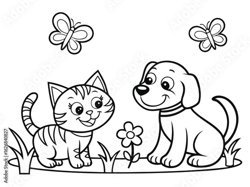 Doodle coloring page. Drawing with smiling dog and cat, flowers and butterflies in hand hand-drawn style. An outline sketch with animals or pets. Linear flat vector illustration isolated