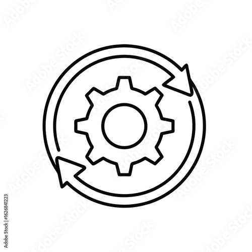 Gear Surrounded by Circular Arrows – Minimal Line Icon Representing Automation, Continuous Process, and System Optimization