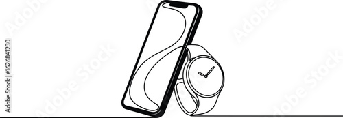 Smartphone and Smartwatch Outline Vector, Minimal Wearable Tech Pair Design.