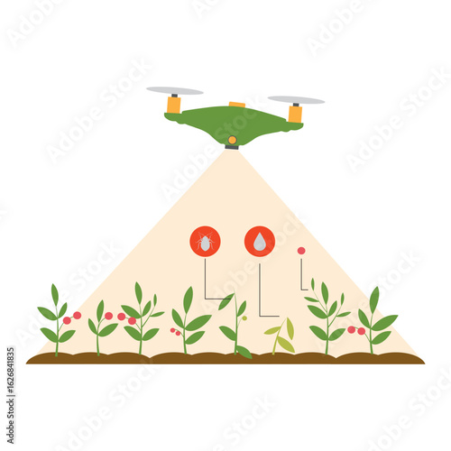 Modern digital smart farm. Quadcopter flying over the field. Drone farmer banner. Flat style line modern vector illustration for agriculture. Vegetables and plants pests.