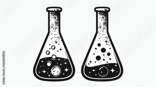 Vector illustration of two science flasks filled with a mysterious liquid and stars in a vintage style