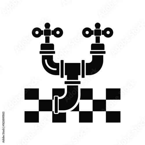 Vector illustration of a plumbing system with pipes and faucets against a tiled wall, suitable for home repair and maintenance services