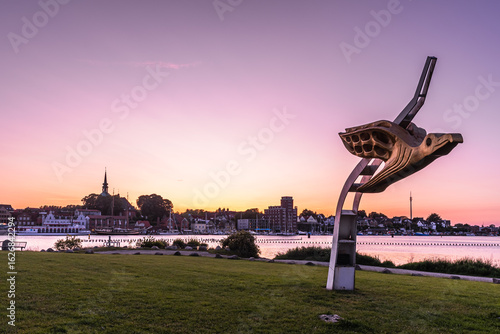 Quadro su tela Sculpture Albatros, the figurehead of the sailing training ship Gorch Fock, which stands at the Schlei bridge (Schleibruecke) in Kappeln, Germany