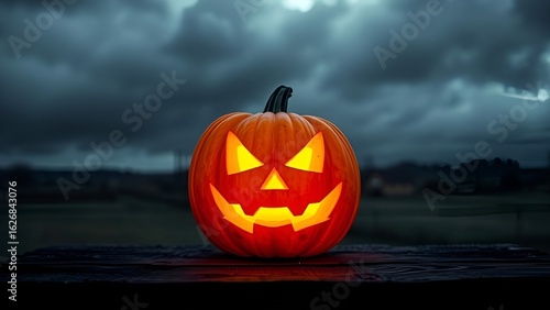 "Mischievous Glowing Pumpkin on Wooden Table in Moody Halloween Landscape"