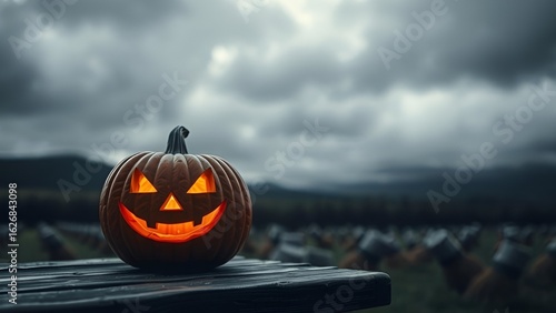 "Mischievous Glowing Pumpkin on Wooden Table in Moody Halloween Landscape"