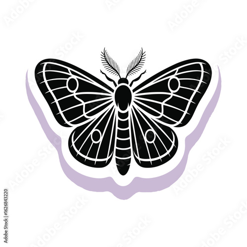 Elegant black and white emperor moth sticker illustration. A stylized insect graphic with a subtle purple shadow.