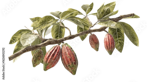 PNG of Cocoa tree branch with ripe cacao pods, showcasing lush green leaves and vibrant red-brown hues of pod shells.