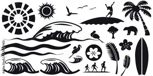 Surfing and Tropical Vector Clipart Set with Waves, Sun, Palm Trees, Birds, Surfboards, and Nature Silhouettes – Black Coastal Beach Art for Summer, Ocean Logos, Seaside Designs, Vacation Graphics