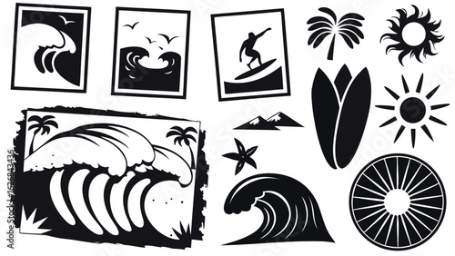 Surfing and Beach Vector Clipart with Waves, Sun, Surfboards, Palms, Tropical Scenes – Black Silhouette Coastal Art for Summer Designs, Ocean Logos, Nautical Prints, Seaside Decorations