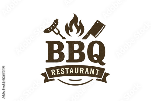 Grill bbq logo. Grilled food and barbecue restaurant emblem, badge set. Vector illustration and fire