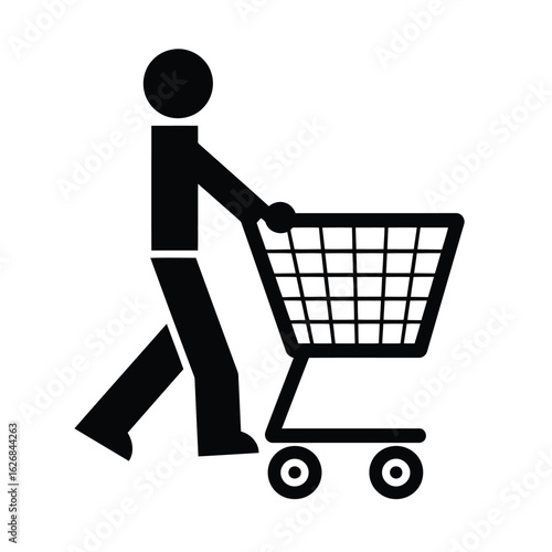 Vector illustration of a person pushing a shopping cart in a store representing consumerism and retail shopping experience for customers