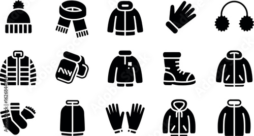 Winter Clothing Icons: Stylish Black Glyph Set for Cold Weather