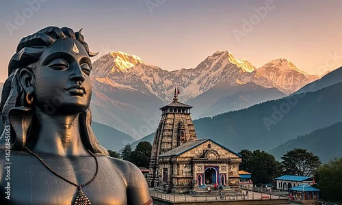 Hindu Temple Structure And Shiva Statue At Mountain Top Landscape View During Sunset