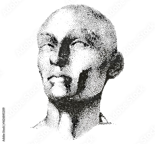 Vector illustration of a human head with grunge halftone stipple and grainy photocopy texture. Perfect for y2k punk collage, retro poster design, dotted vintage effect, experimental art