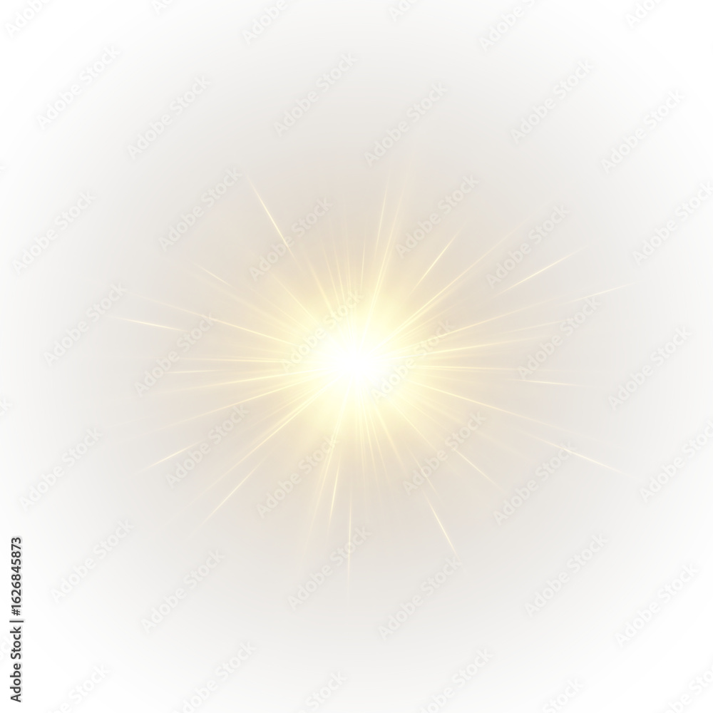 Fototapeta premium Star and sunbeam effects with directional ray and sharp flash on transparent overlay. Bright light burst creates clean linear illumination.