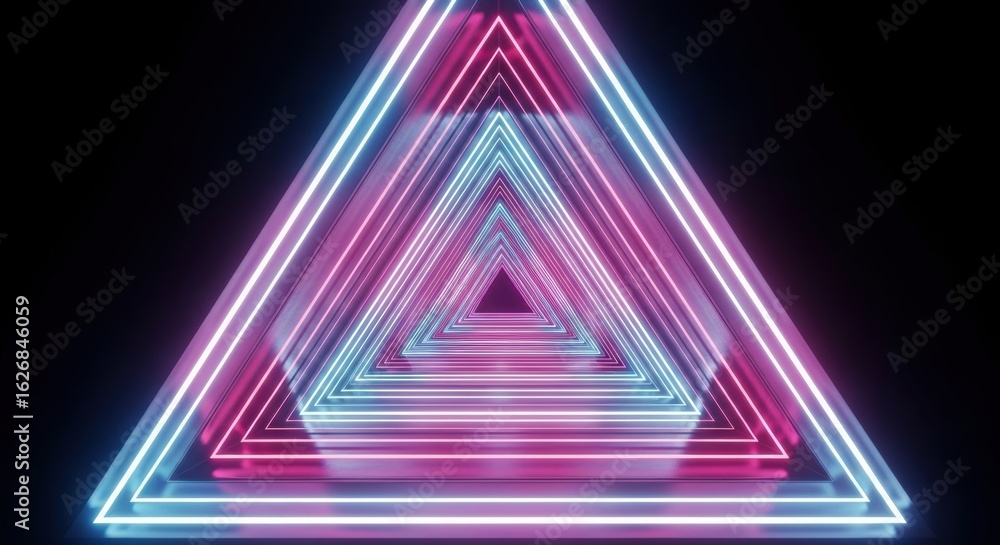 Fototapeta premium Stunning neon triangle tunnel pulsing with vibrant pink and blue light creates a futuristic, dynamic visual experience