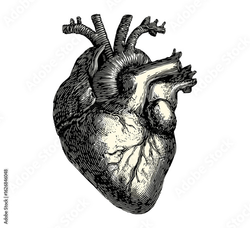 Retro halftone collage with engraved line pattern human heart. Vintage grunge punk pop art vector design, mixed media digital textures, abstract geometric shapes, modern art illustration