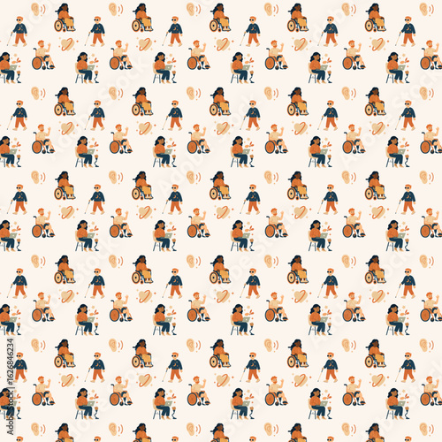 The image features a seamless pattern of inclusive illustrations showing people with various disabilities—using wheelchairs, prosthetics, white canes, and assistive technology—interspersed with symbol