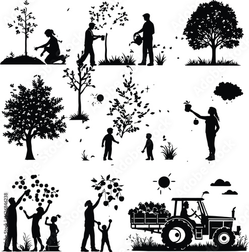 Silhouettes of people planting trees harvesting fruits and driving a tractor in a rural landscape scene