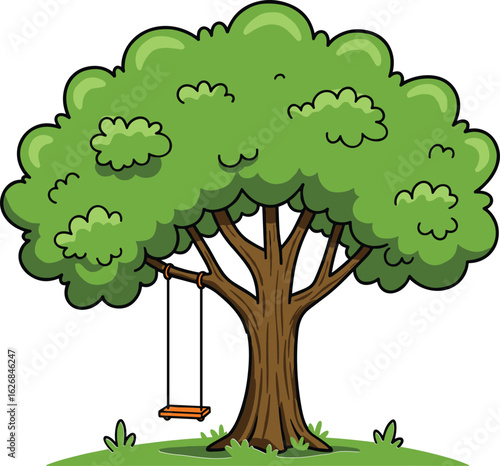 Cartoon tree with swing on green grass, isolated illustration, childhood play element, outdoor landscape design, vibrant nature clipart, cad drawing flat vector illustration