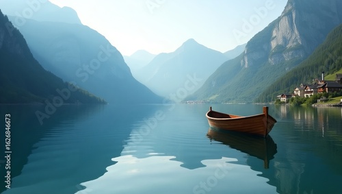 Peaceful riverboat floating on reflective alpine lake near mountain village