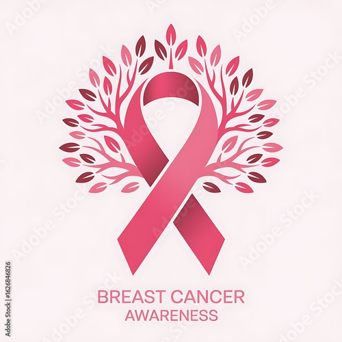 Pink breast cancer awareness ribbon forming a tree, isolated on white background