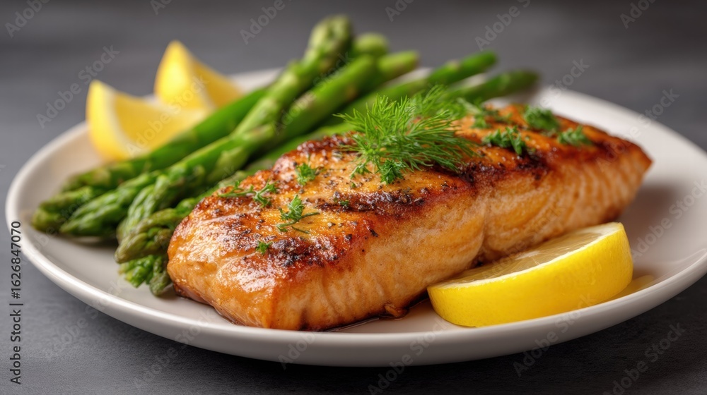 Grilled Salmon with Asparagus and Lemon Culinary Delight Restaurant Gourmet Close-Up Healthy Eating Grilled Salmon with Asparagus and Lemon Culinary Delight Restaurant Gourmet Close-Up Healthy Eating