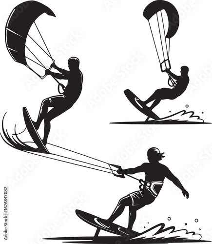 Silhouette Parasailing Water Sports Action Vector Illustration