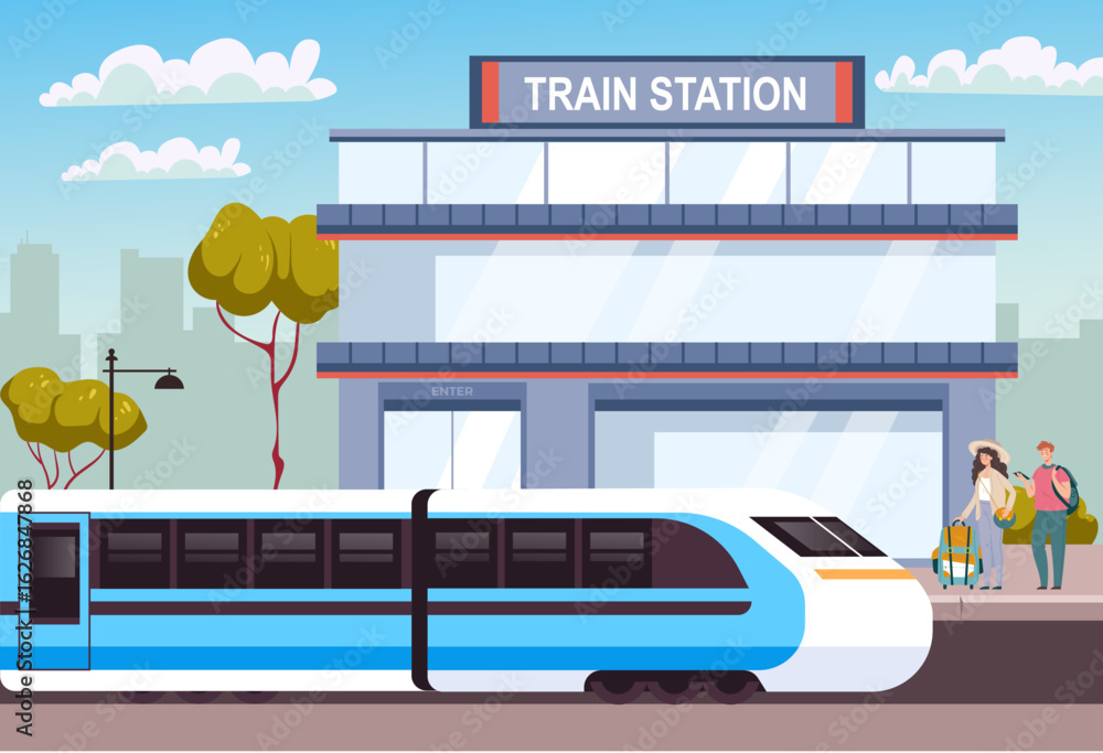 Obraz premium Train station with arriving train flat style simple design concept. Vector flat cartoon graphic illustration