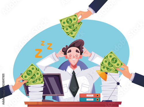 Office worker dream about money success sitting on desk cartoon style design concept. Vector flat cartoon graphic illustration