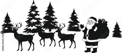 Santa with reindeer in snowy forest, Christmas scene silhouette, festive winter holiday illustration with pine trees and gifts - cad drawing flat vector illustration