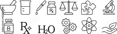 Set of twelve icons set representing pharmacy, science, and healthcare concepts including mortar and pestle, beaker, dropper, prescription bottle, balance scale, puzzle, microscope, vitamin bottle 