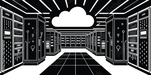 A stylized black and white illustration representing a modern cloud server room environment with networked data storage