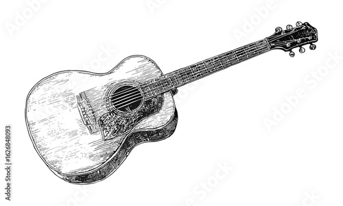 Hand-drawn acoustic guitar vintage stipple engraving isolated on transparent background. Classic musical instrument illustration with grainy dot shading, retro black ink texture, traditional engraving