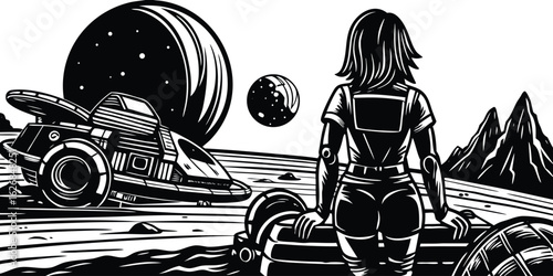 Astronaut stands on an alien planet near spaceship looking at celestial bodies and the majestic landscape in monochrome