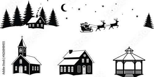 Christmas winter village silhouette, snowy night scene, Santa sleigh reindeer flying, pine trees cabin, church house gazebo, starry sky moon, cad drawing flat vector illustration