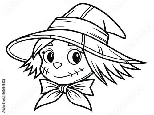 Cute scarecrow face coloring page, vector cartoon illustration