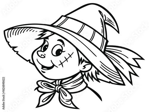 Cute scarecrow face coloring page, vector cartoon illustration