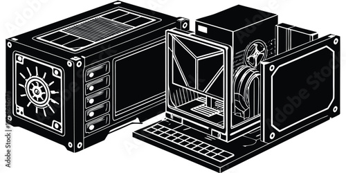 Detailed isometric illustration of a computer tower showing internal components and fan design black and white