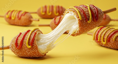 Delicious Korean corn dog with a dramatic mozzarella cheese pull, drizzled with ketchup and mustard on a yellow background.