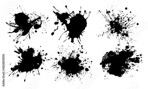 Artistic ink and paint splatter vector set, black blotches on white background. Perfect for logos, branding, abstract designs, creative drips, grunge stains, messy spots, liquid splash elements