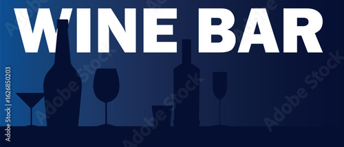 Restaurant poster, vector flat design, alcohol bottle silhouettes, glasses. Party banner, wine bar, wine list, sommelier, drink party, red wine, white, chardonnay, kitchen decor
