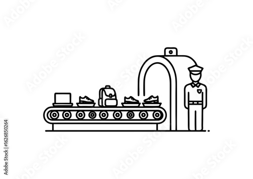Airport security checkpoint illustration featuring conveyor belt and officer in minimalist style.