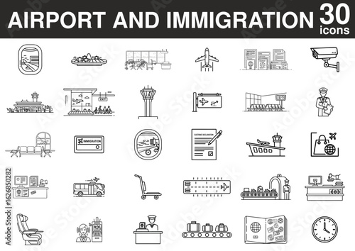 Airport and immigration icons, flat design, black and white, infographic elements