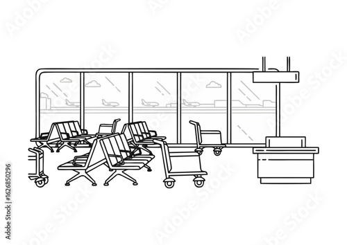 Airport waiting area illustration featuring seats and trolleys in minimalist style for travel concepts.