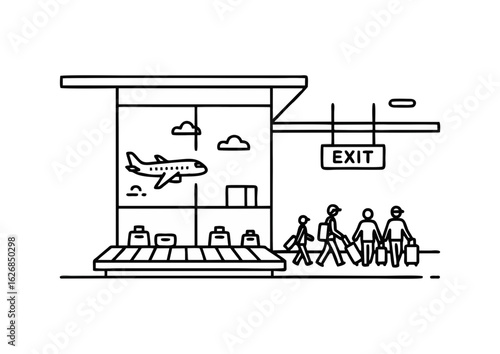 International arrivals hall illustration with passengers and airplane view in minimalistic style, black and white outline
