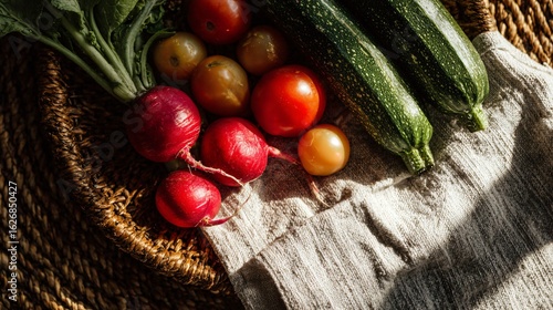 A rustic summer flat lay of vibrant radishes, tomatoes, and zucchinis on a woven basket background with natural linen napkins and shadows from morning light