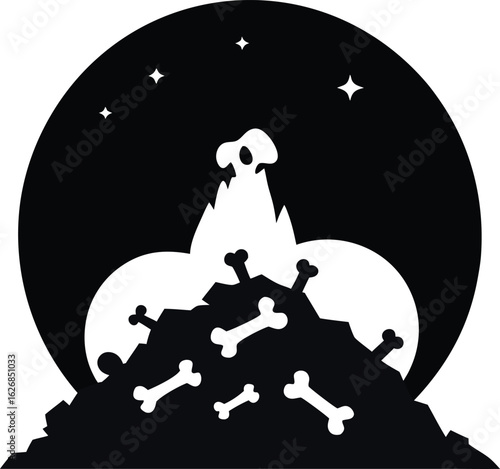 Dog skeleton silhouette on pile of bones isolated on white background