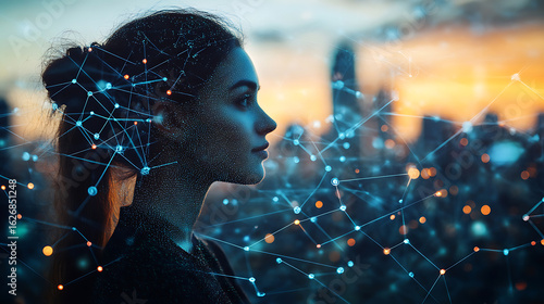 Woman Silhouetted Against Cityscape with Network Connections, Representing AI, Technology and the