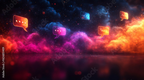 Glowing Speech Bubbles in a Cosmic Nebula Abstract Communication Concept